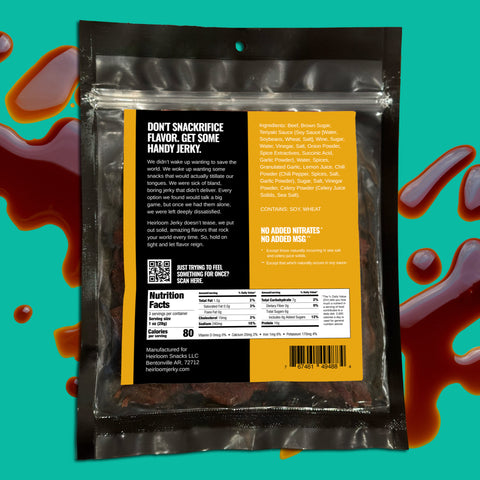 The reverse side of a bag of Blazed & Glazed beef jerky, showing the nutritional information, barcode, and ingredients.