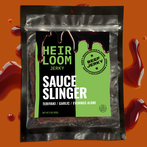 A bag of Sauce Slinger beef jerky by Heirloom Jerky that lists the flavor profile as teriyaki, garlic, and evenings alone.