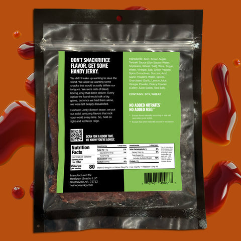 The reverse side of a bag of Sauce Slinger beef jerky that shows the nutritional information, barcode, and ingredients.