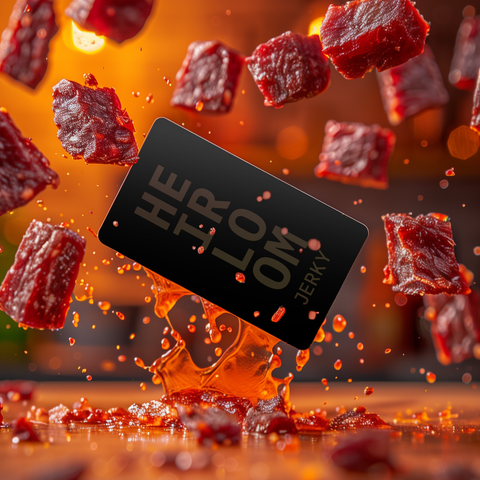 A.I.-generated image of a black Heirloom Jerky gift card that's being tossed in the air with sauce and beef.